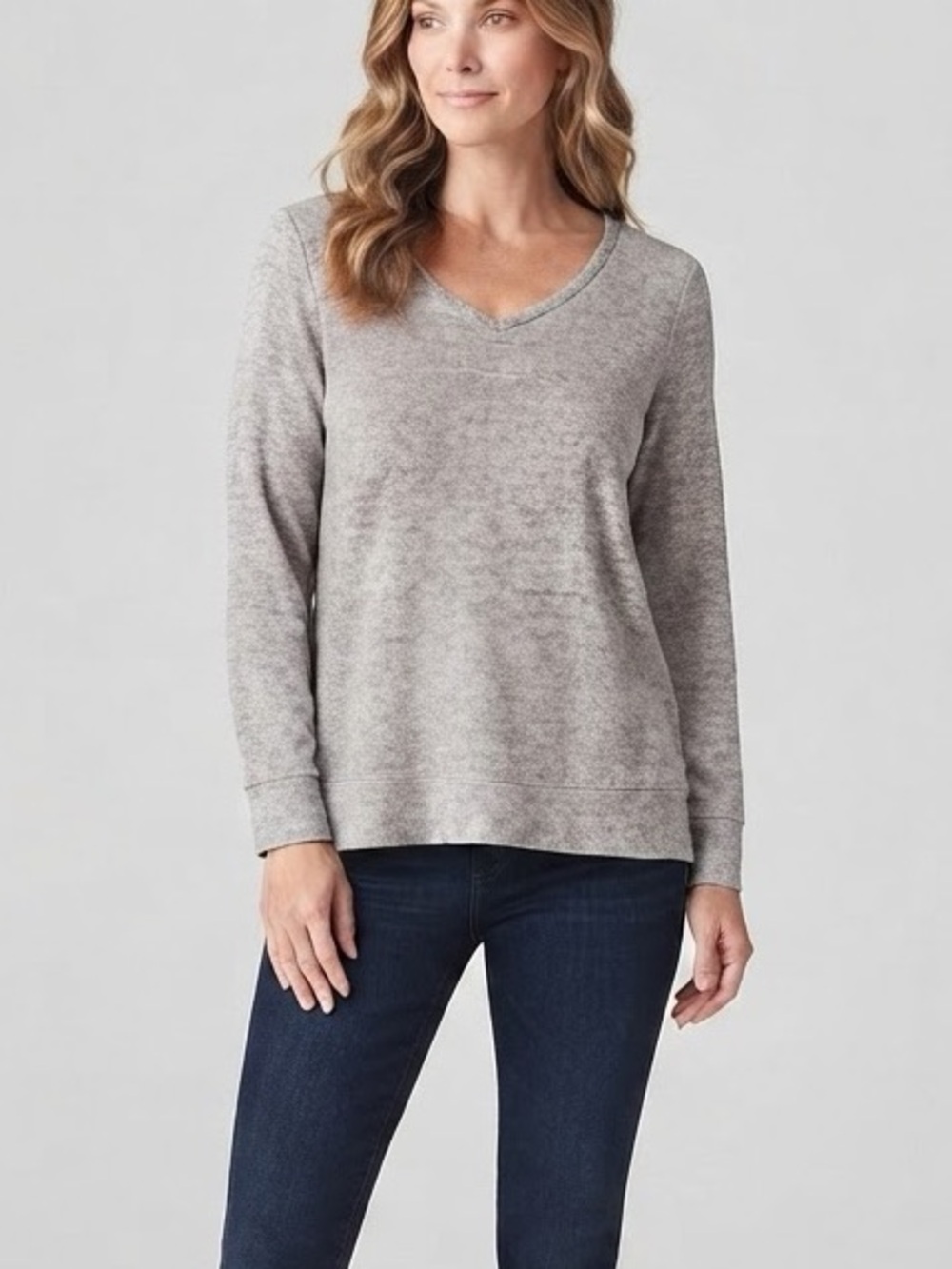 Soft Surroundings Gray Marled V Neck Lightweight Long Sleeve Sweater SP